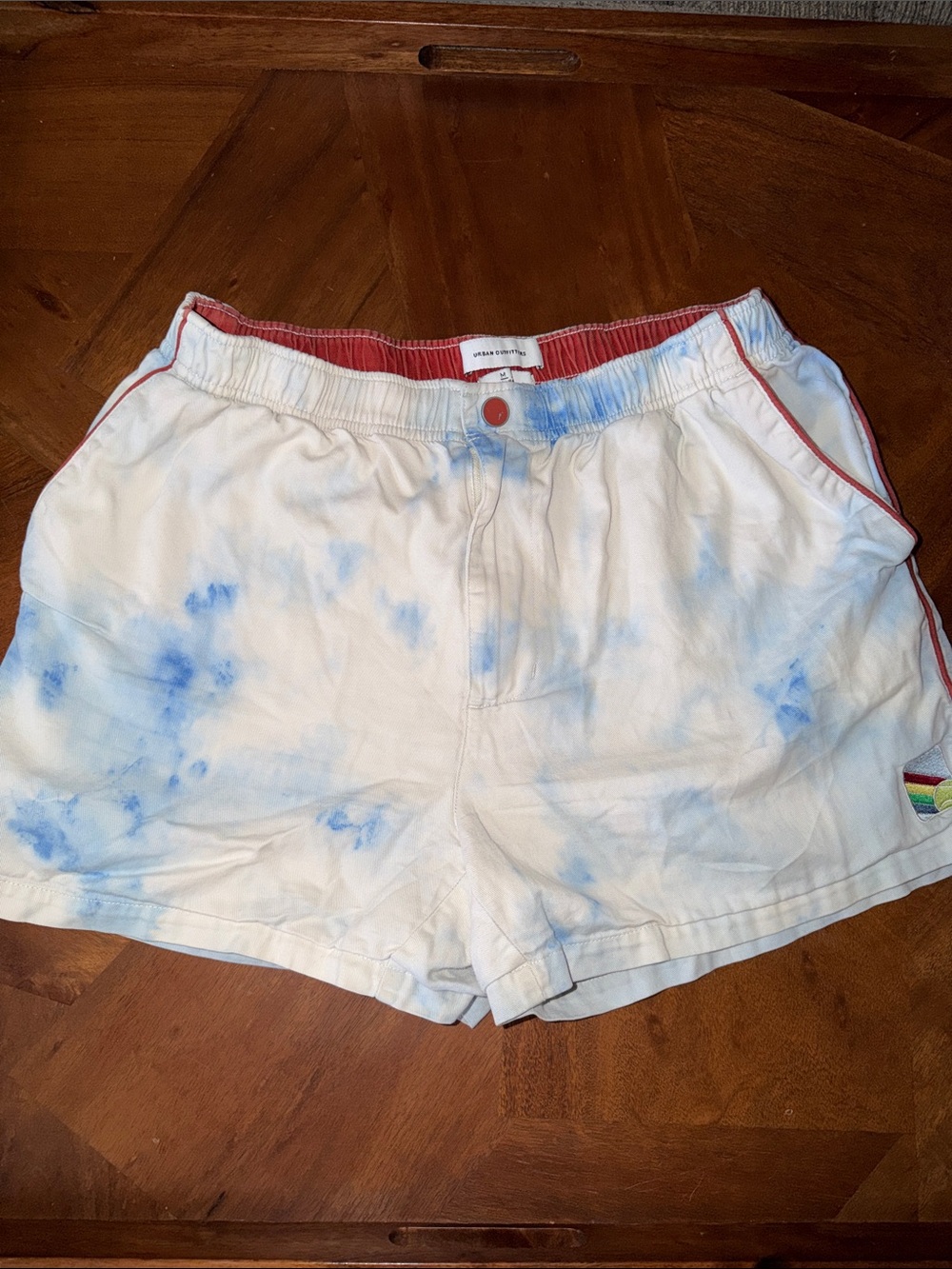 Urban Outfitters Tie-Dye Blue and White Cloud Casual Shorts with Brown Trim